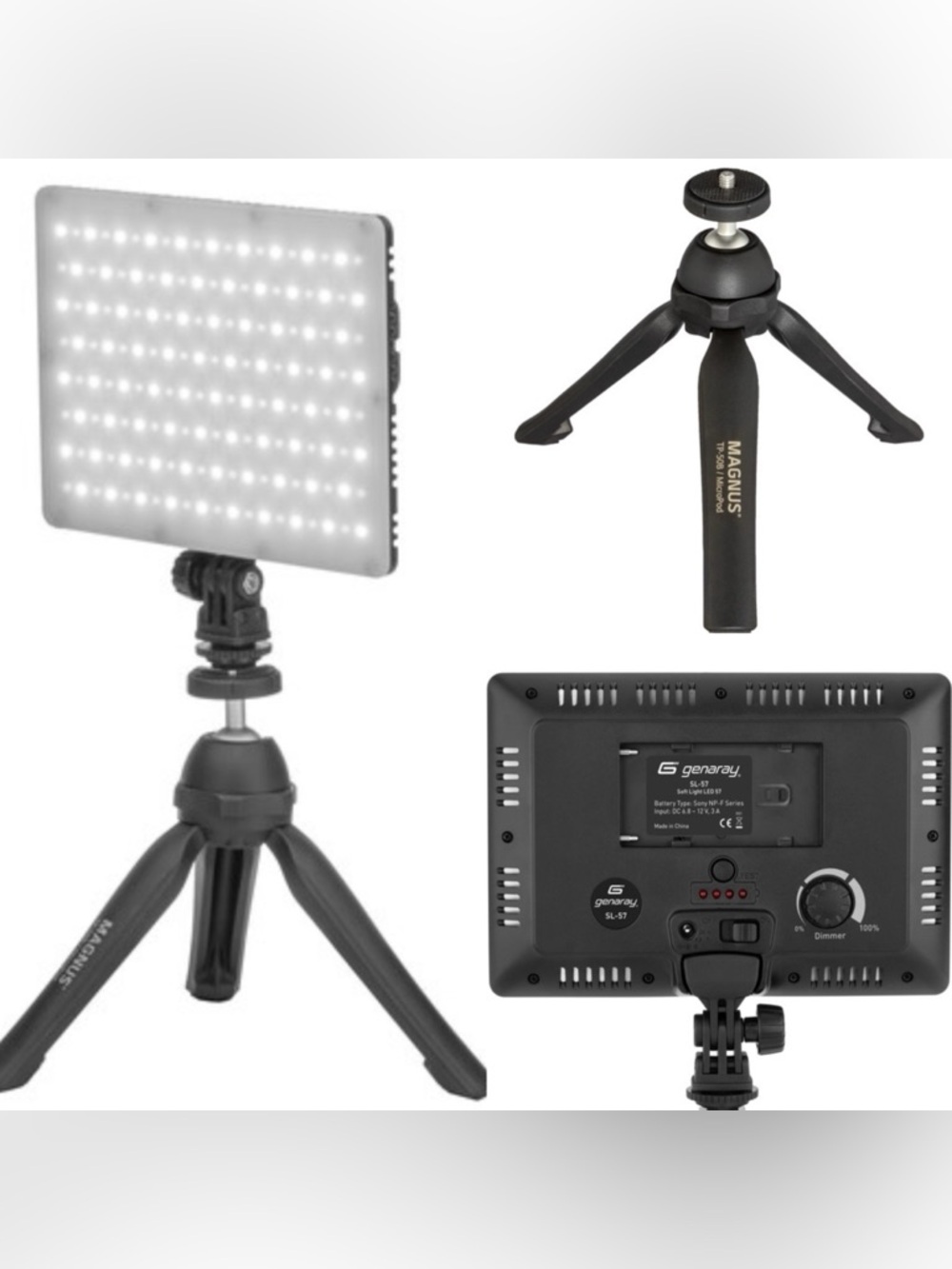 NWT Genaray SL-57 LED Video Light + Magnus Micro Tabletop Tripod Lighting Set